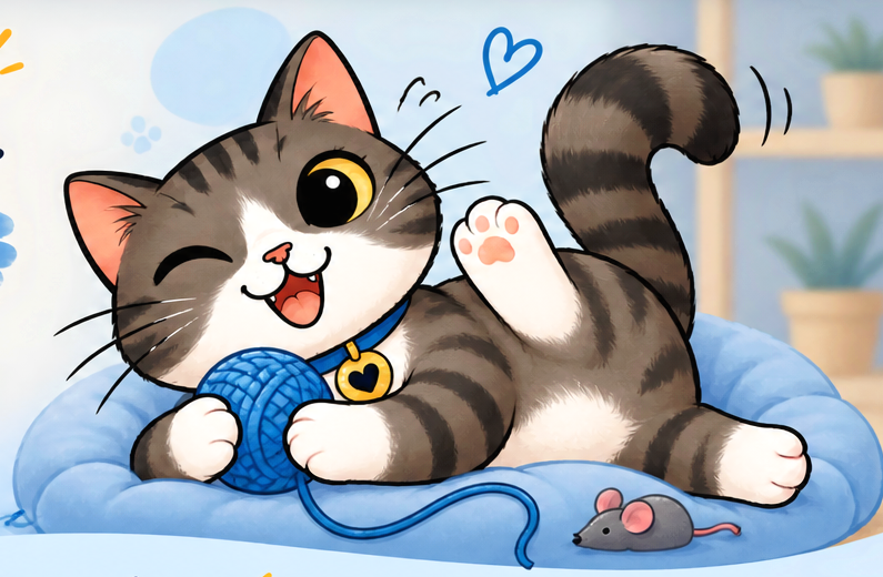 Chat cartoon jouant avec une pelote de laine