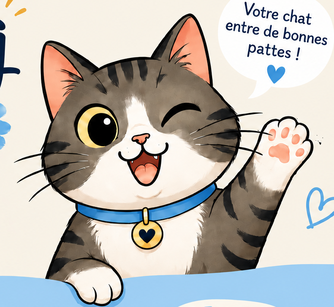 Chat cartoon faisant un clin d’œil et levant la patte